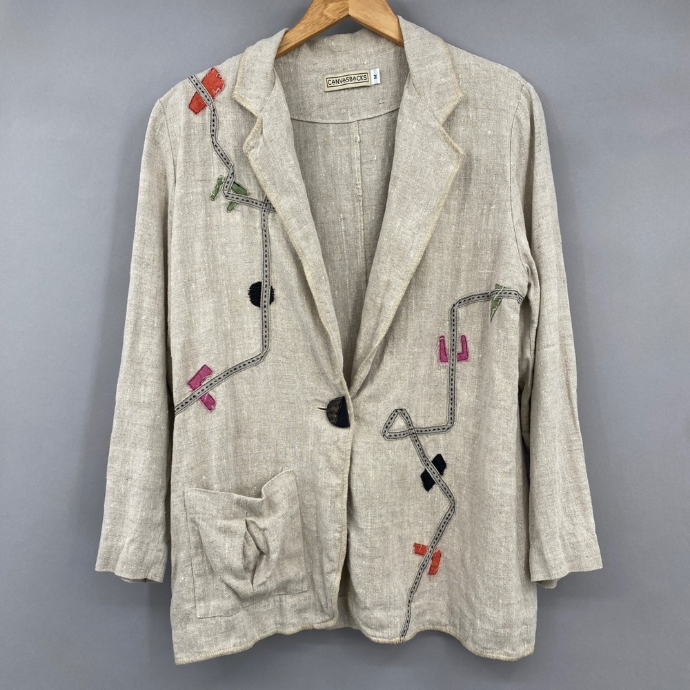 Canvasbacks Abstract Embroidered Linen Blazer Women Size M Art to Wear Tan